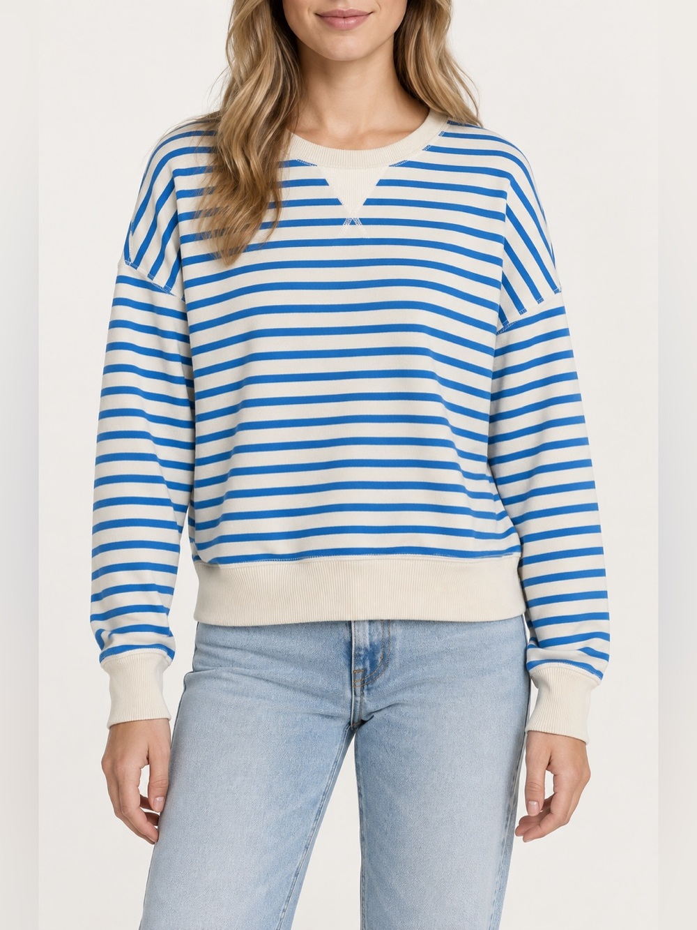 American Eagle Sweatshirt Womens XS Blue Cream Striped Crewneck Pullover